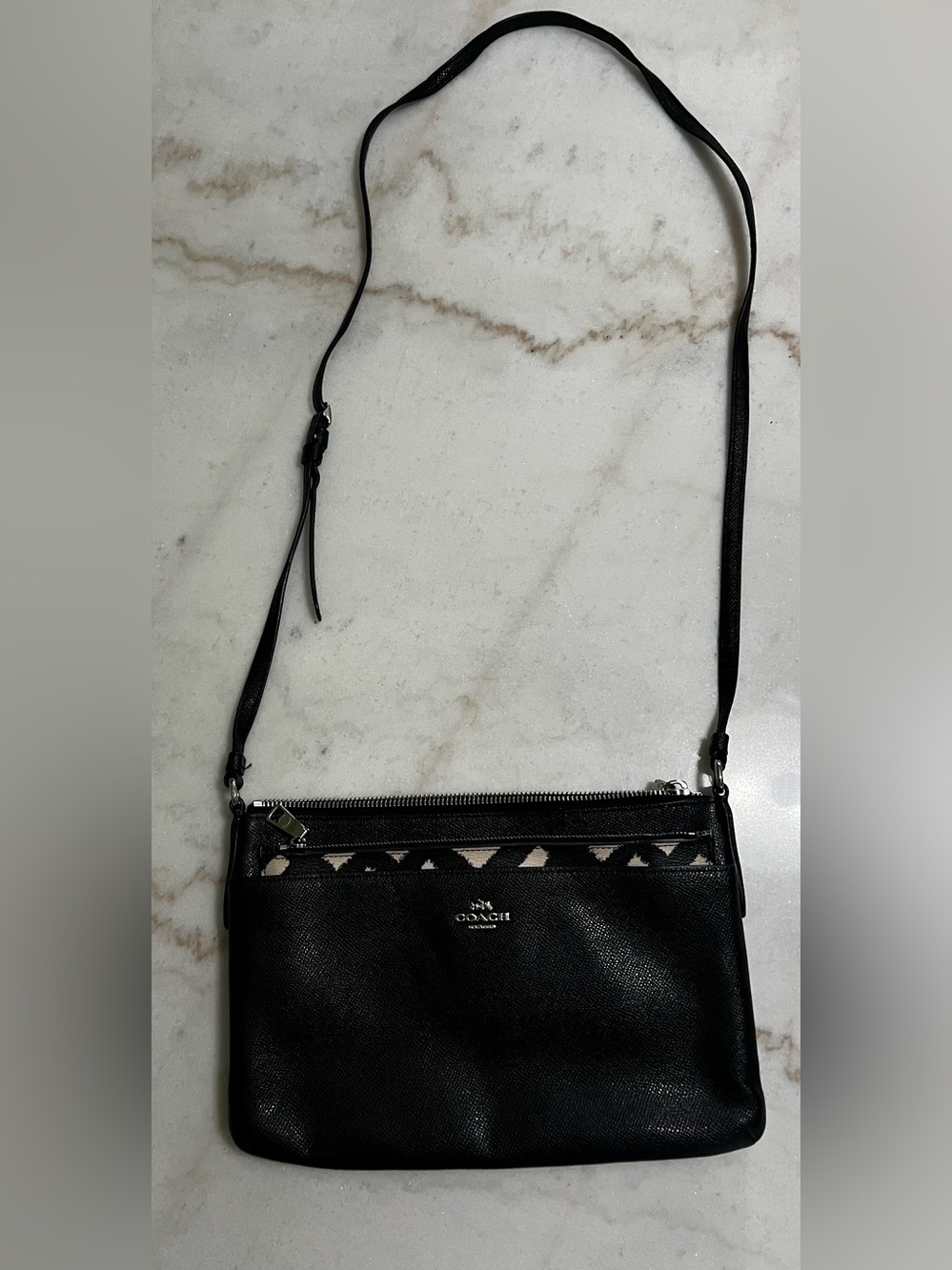 Coach East/West Leather Crossbody With Pop Up Black White Crisscross Print Pouch